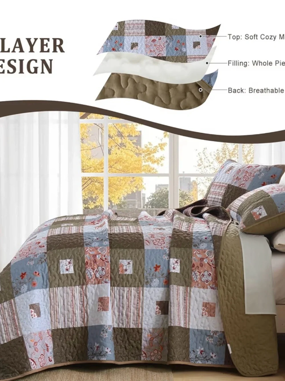 Patchwork Floral Quilt Set in Blue, Brown and Cream
